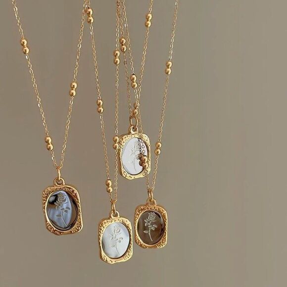 Two-Toned Gold and Silver Embossed Mirror Rose Pendant Necklace - Picture 2 of 11